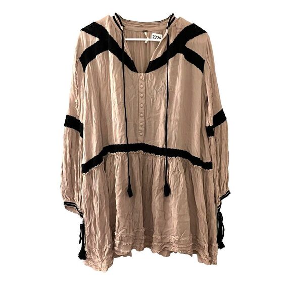Free People Dresses & Skirts - Free People Womens Brown Black Tunic Shift Dress Small Tassel Boho Beige